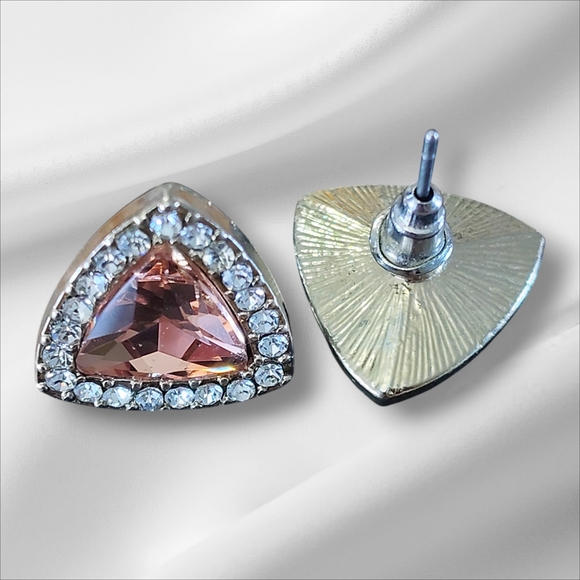 Triangular Pink Crystal Earrings with Silver Accents - Picture 2 of 4